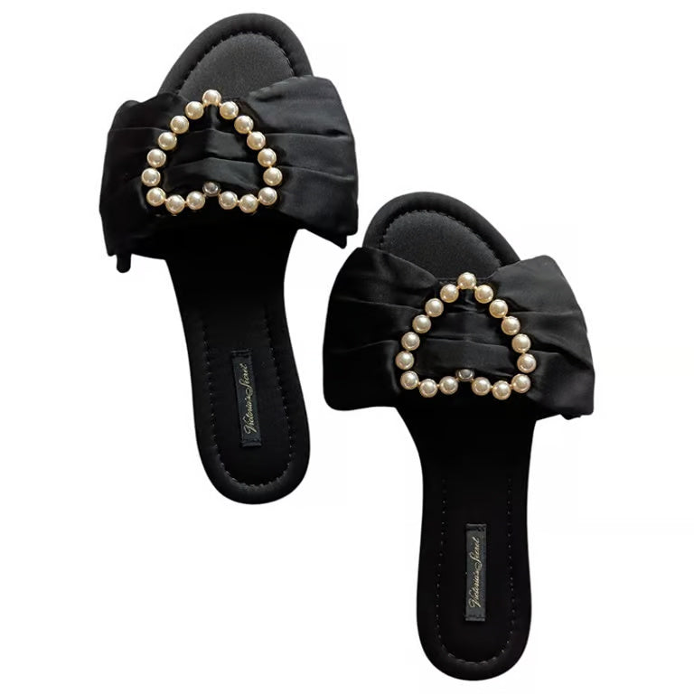 Victoria's Secret Pearl Heart Black Satin Bow Slide Slippers US 5/6