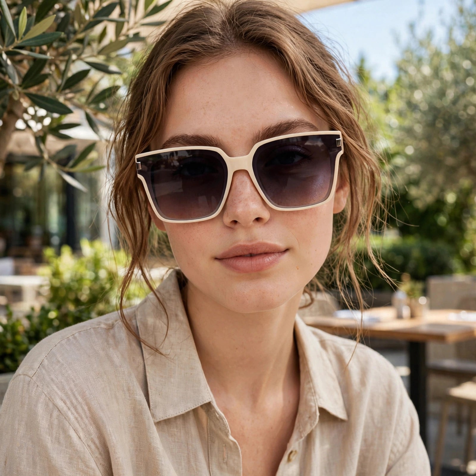 Vincci Two-Tone Square Frame Sunglasses - Cream & Dark Brown