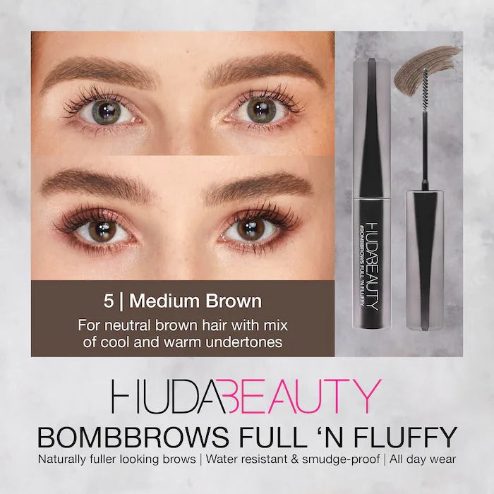 Huda Beauty #BombBrows Full 'n Fluffy Volumizing Fiber Gel- 5 Medium Brown