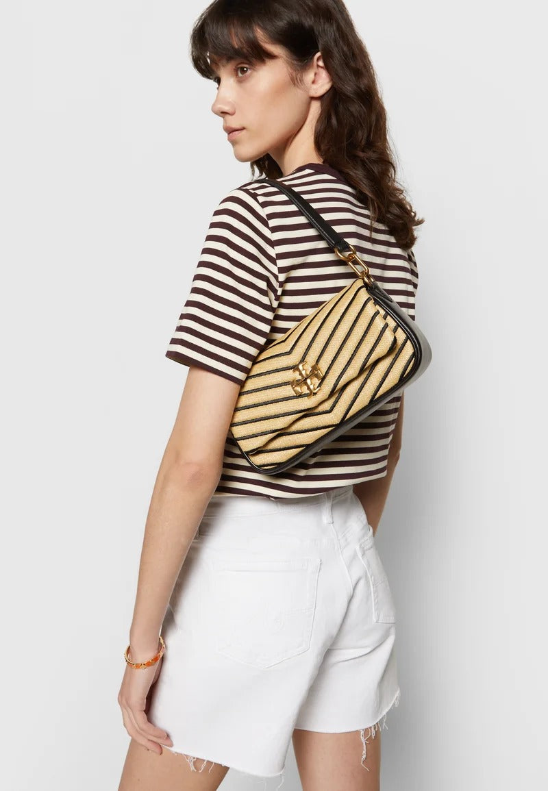Kira Chevron Soft Straw Small Flap Shoulder Bag- Natural & Black