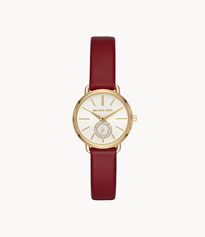Michael Kors Women's Petite Portia Three-Hand Merlot Leather Watch