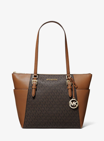Michael Kors Charlotte Large Logo and Leather Top-Zip Tote Bag- Brown