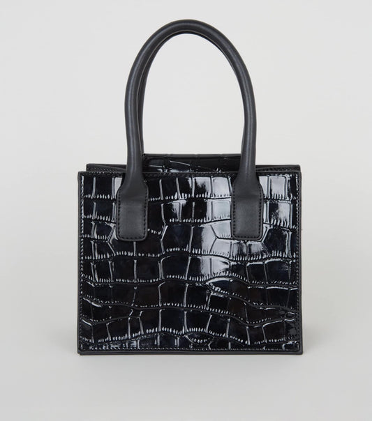 New Look Patent Croc Mini Tote Bag- Black