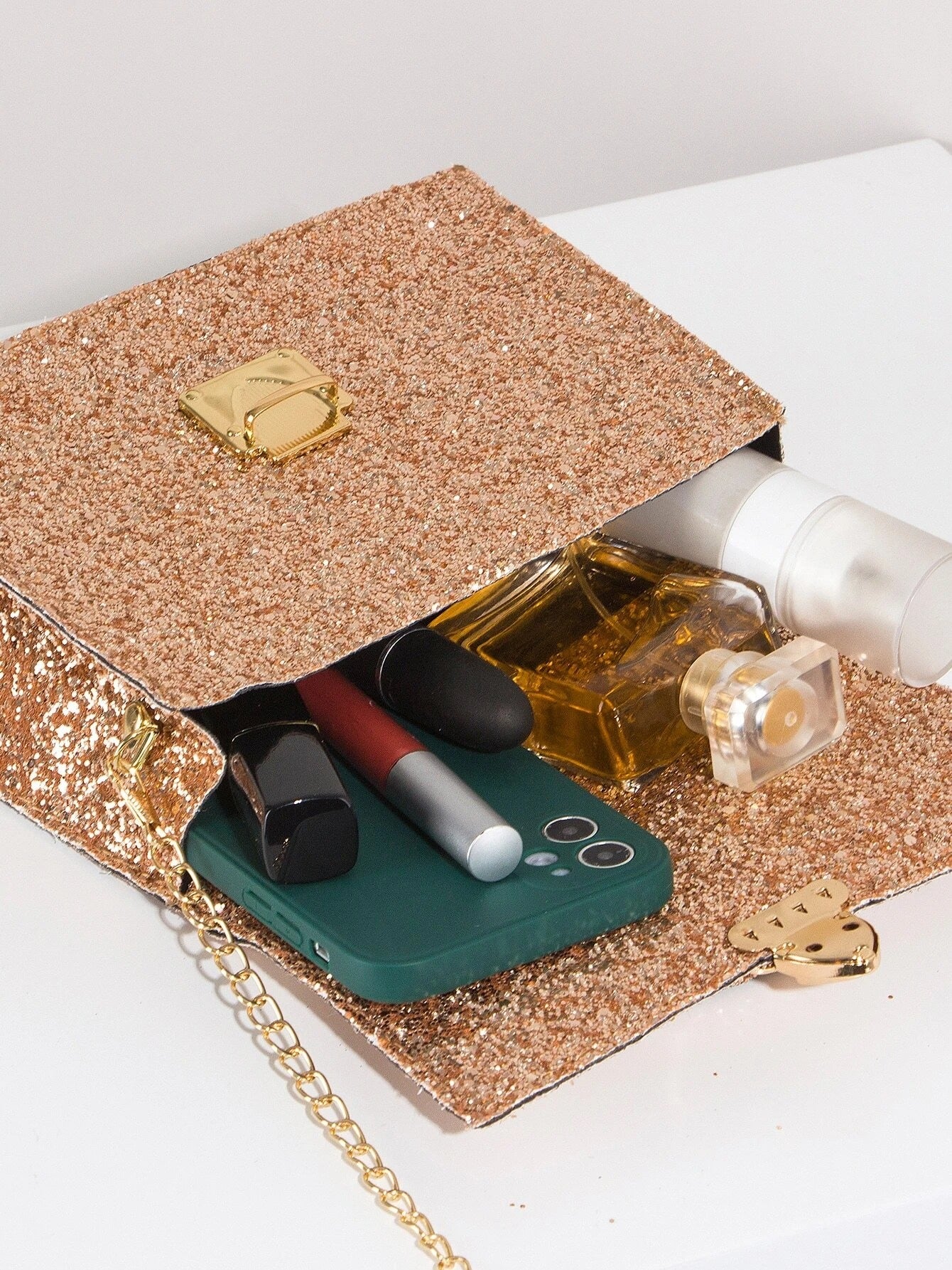 SHEIN Mini Glitter Sequin Chain Flap Square Bag- Gold