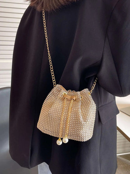 SHEIN Mini Rhinestone & Faux Pearl Decor Drawstring Design Chain Bucket Bag