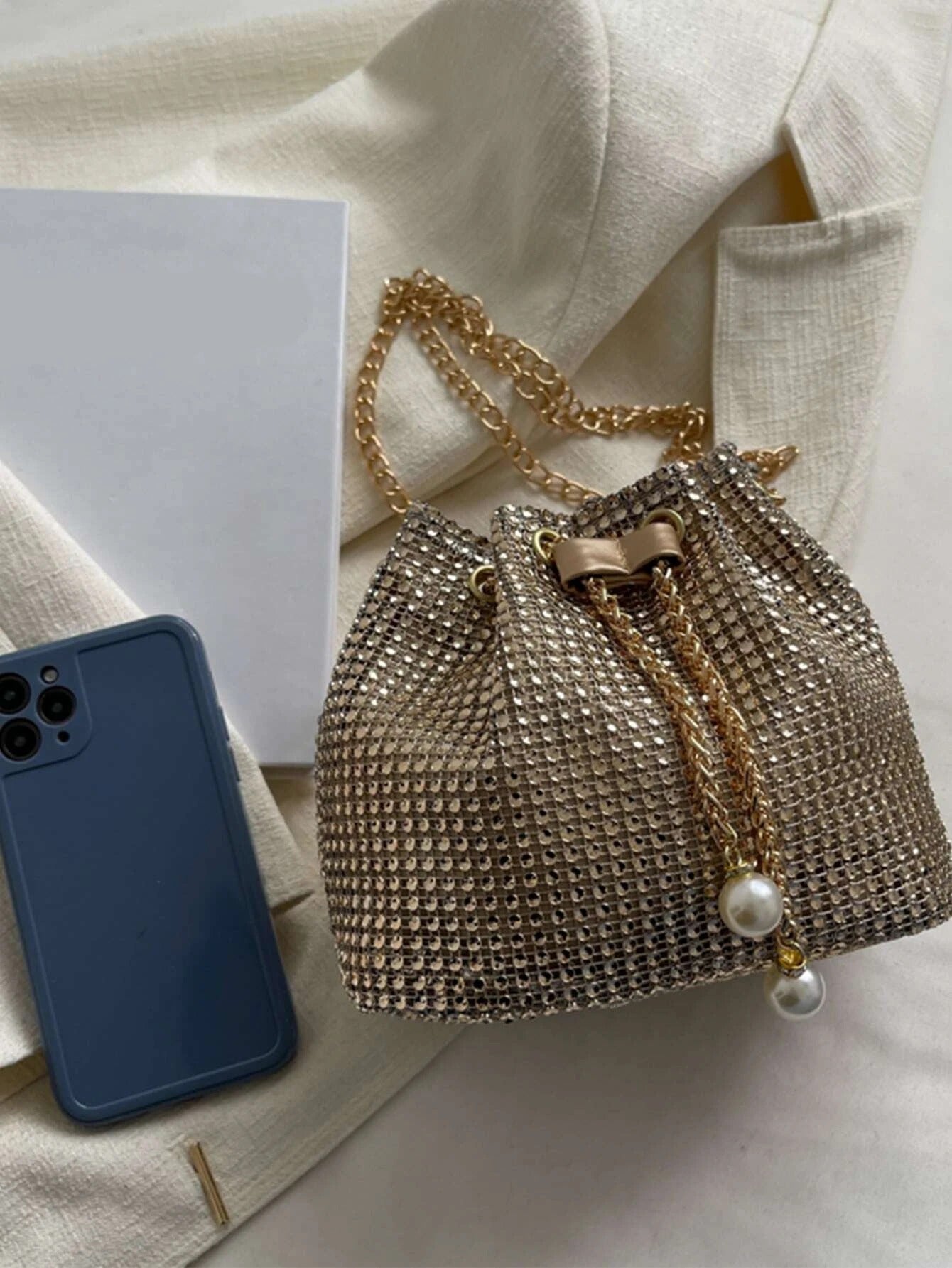 SHEIN Mini Rhinestone & Faux Pearl Decor Drawstring Design Chain Bucket Bag