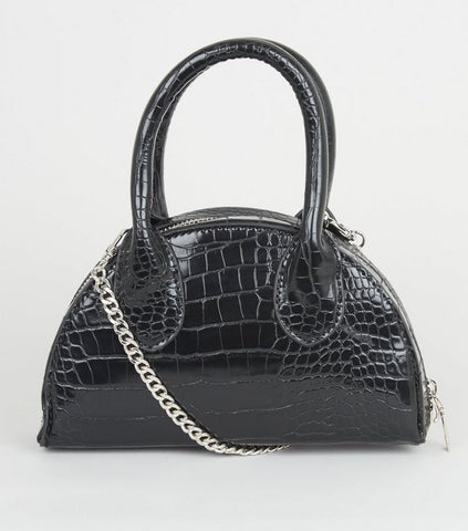 New Look Black Faux Croc Semi Circle Bowler Bag